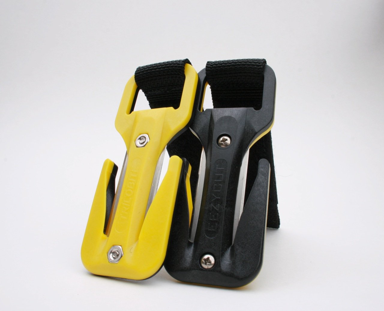 Two car window breakers, one yellow and one black, on a white background.