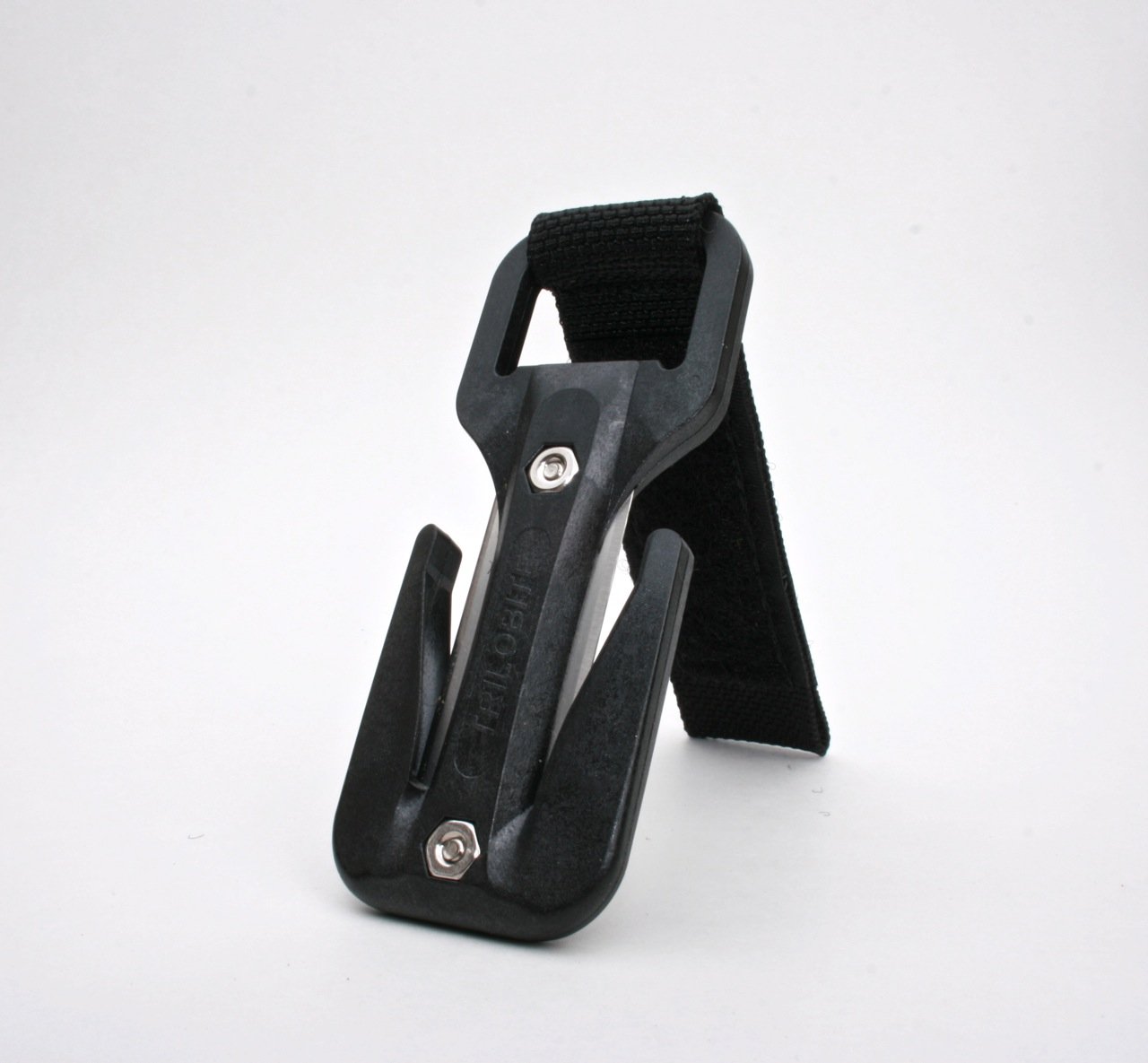 Black plastic clip with a strap on a white background