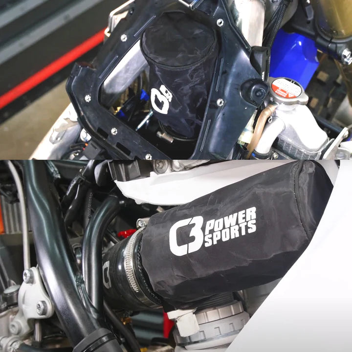 Close-up of a motorcycle with a C3 Power Sports air filter cover.