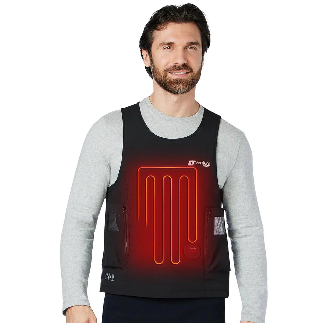 Man wearing a heated vest with visible heating elements on a white background