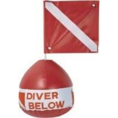 Red diving signal buoy with a white diagonal band and the words 'DIVER BELOW' on the front, shown with a matching red square signal flag on a white background.