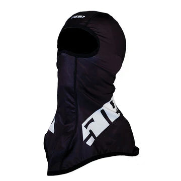 Black balaclava with white logo on a white background