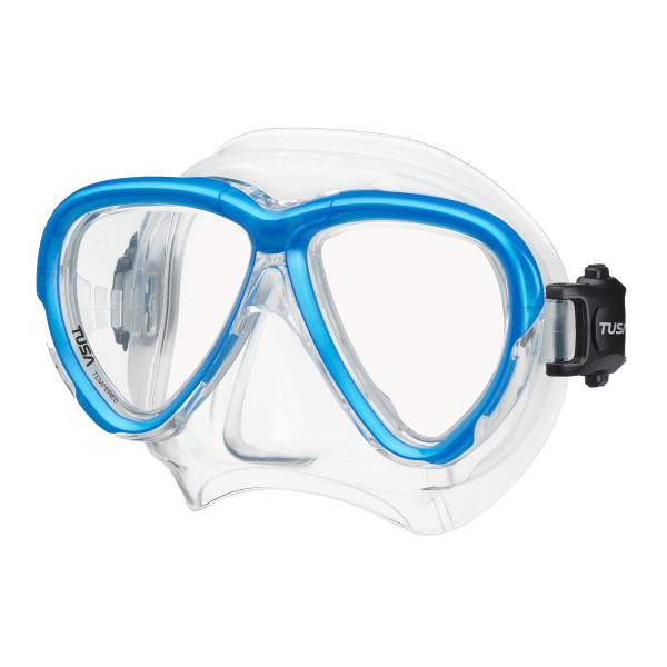 Tuscan Triad snorkeling mask with a bright blue frame, clear silicone skirt, and black adjustable strap on a solid black background.
