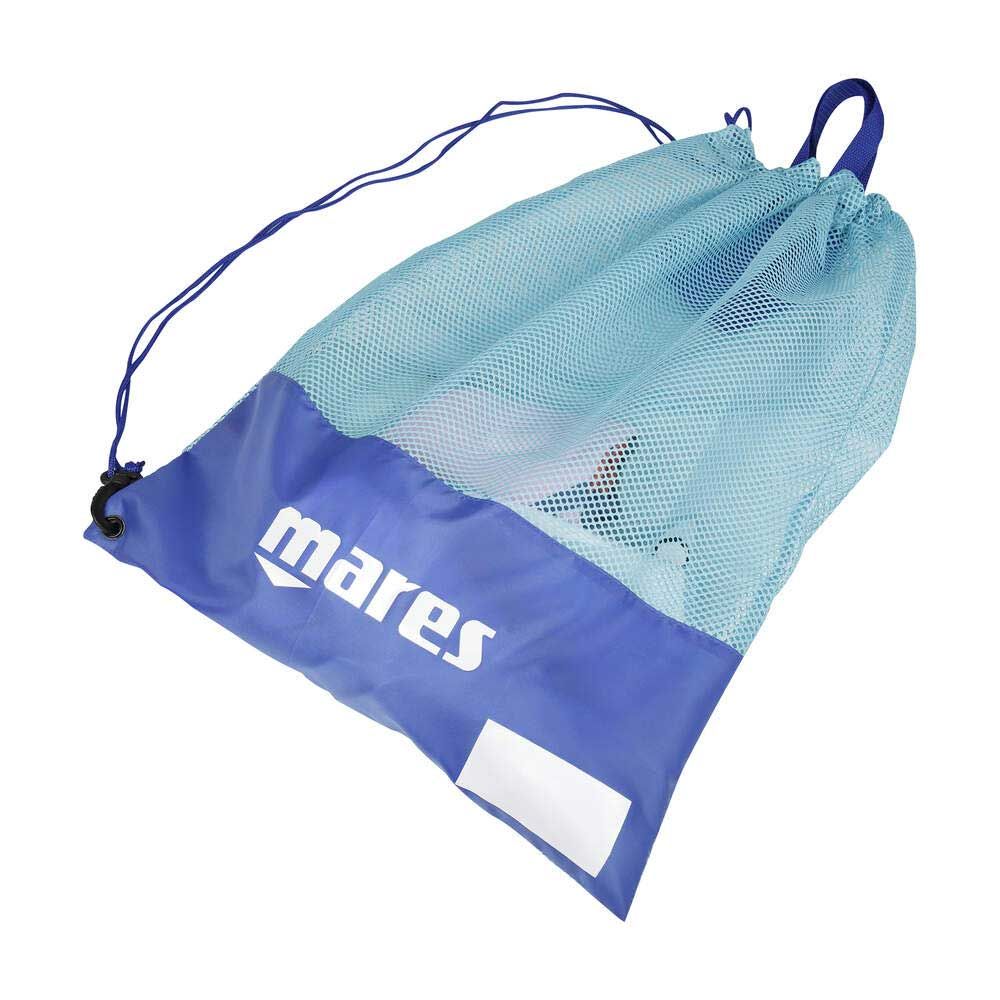 Blue and turquoise mesh drawstring bag with 'mares' branding on a white background