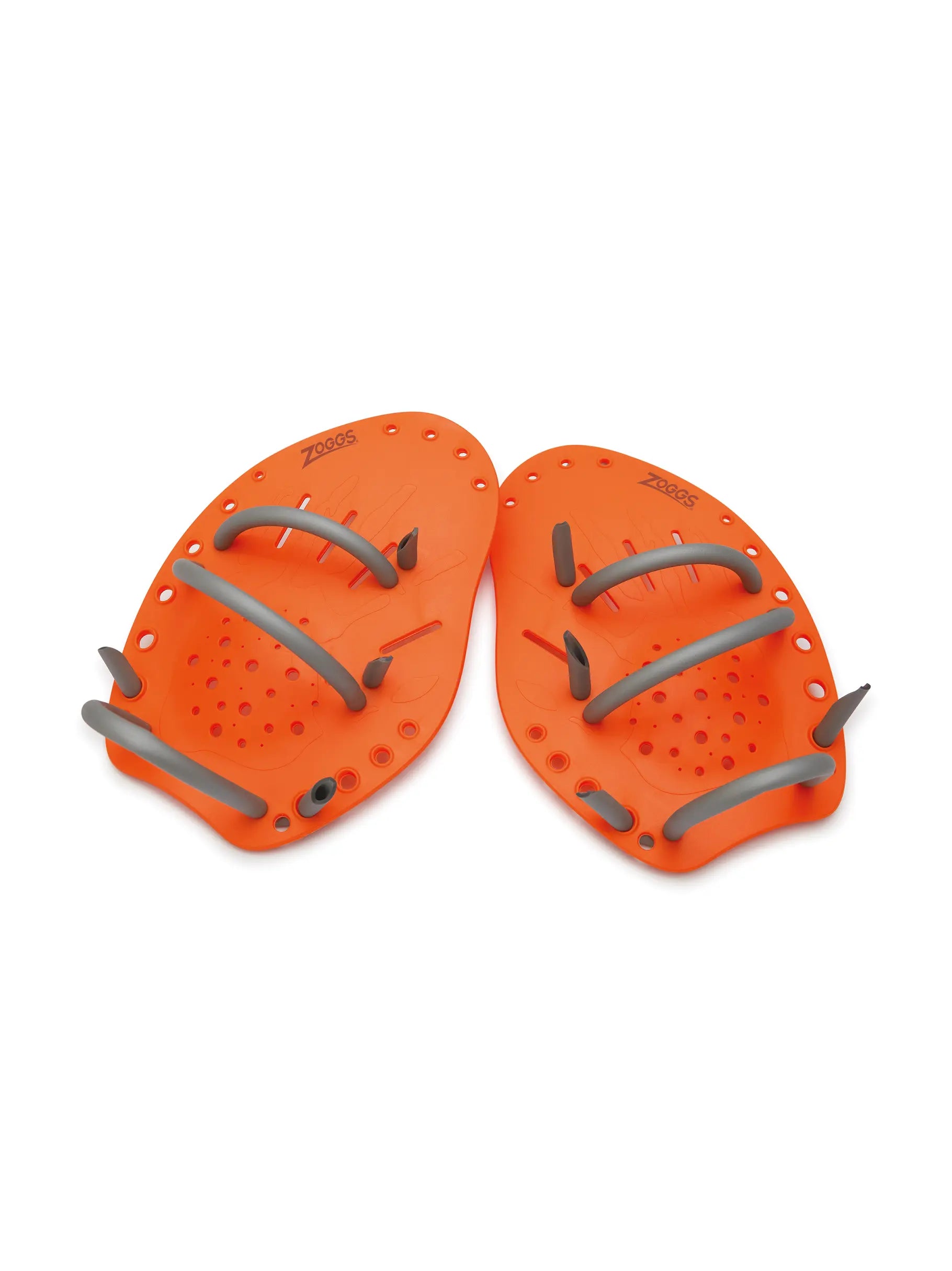 Pair of orange foot paddles with gray straps on a white background