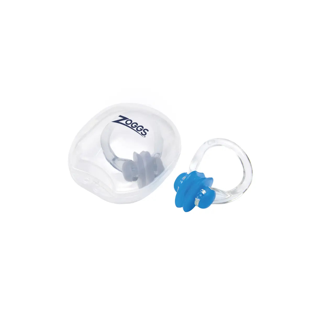 Blue earplugs with a clear case on a white background, featuring the Zoogs brand.