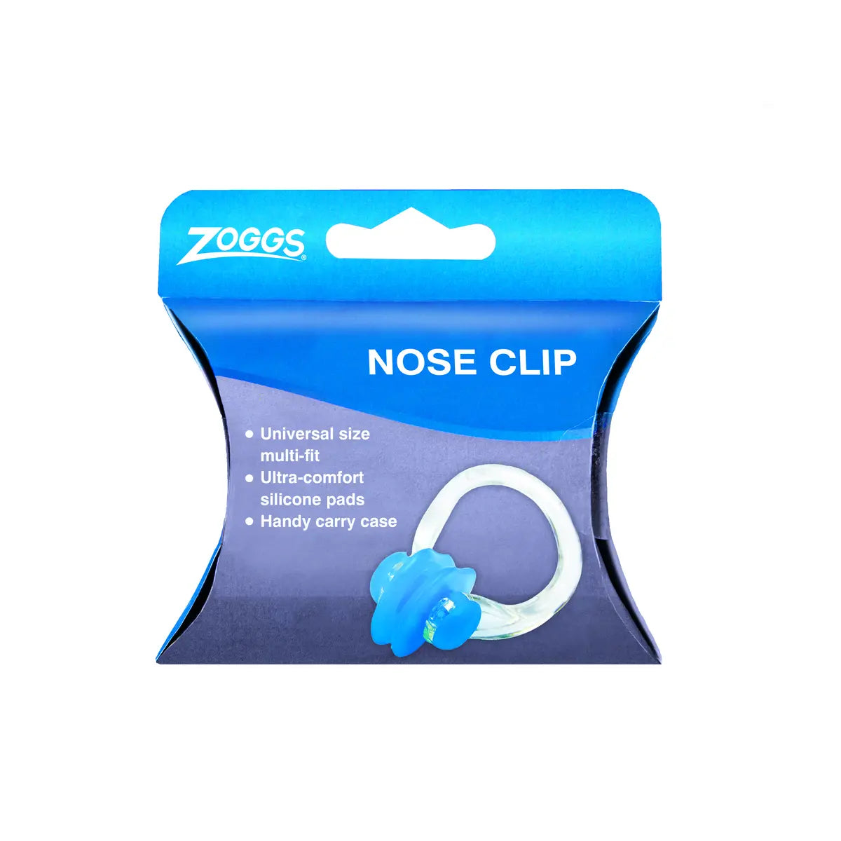 Zoggs nose clip packaging with blue nose clip illustration on a white background