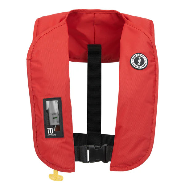 Red life jacket with a visible brand logo on a white background