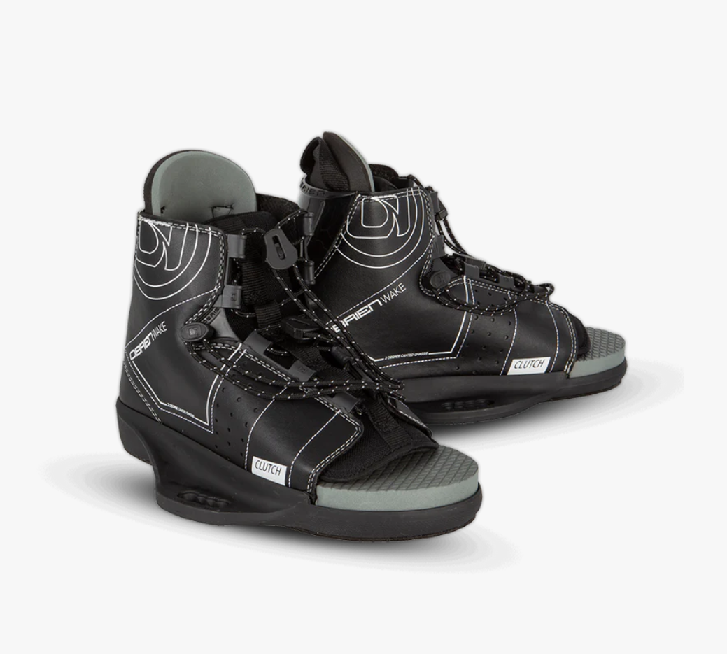 Black high-top shoes with gray soles on a white background