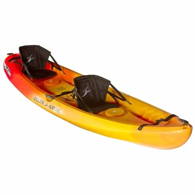 Yellow and red kayak with black seats on a white background