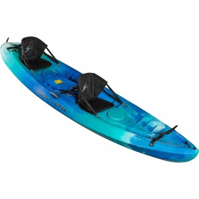 Blue kayak with black seats on a white background