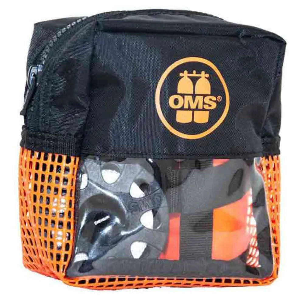 Black bag with orange mesh side containing black and red objects, featuring OMS logo.
