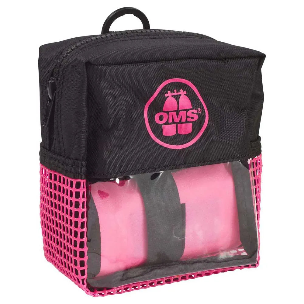 Black and pink bag with OMS logo containing pink items on a white background