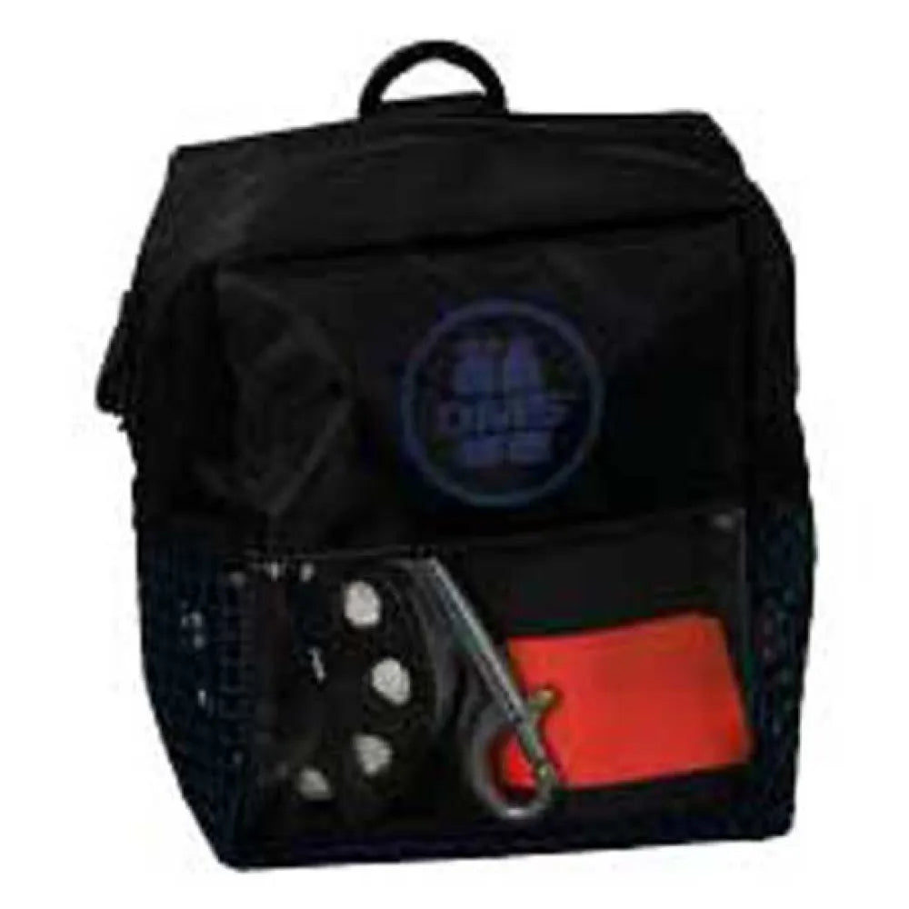 Black backpack with multiple compartments and a visible brand logo on a white background