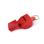 Red whistle with a keyring on a white background
