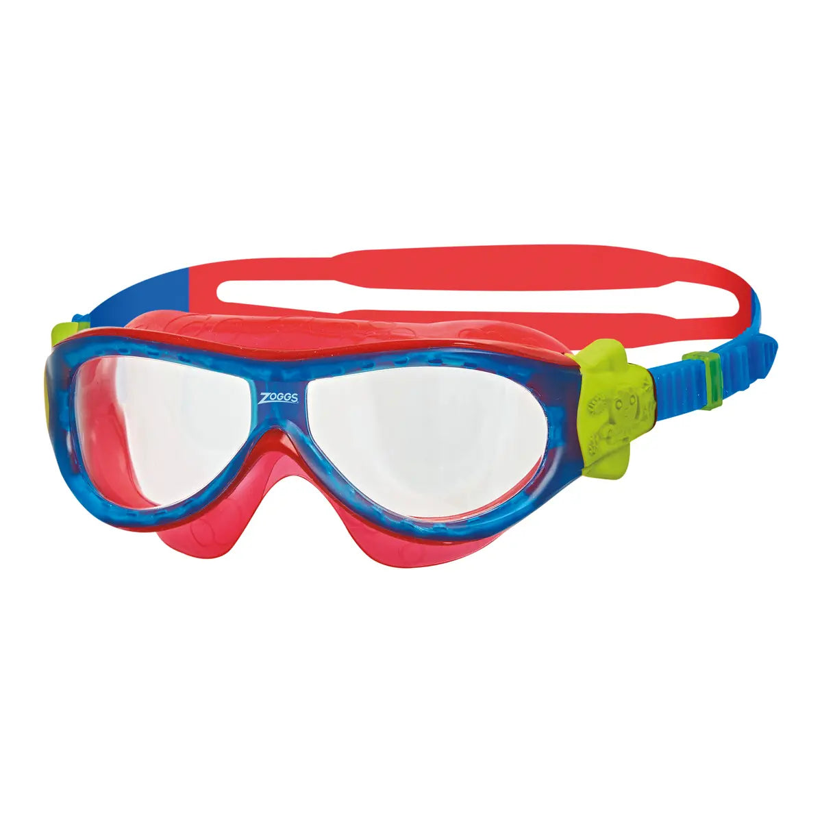Colorful swim goggles with red frame and blue accents on a white background