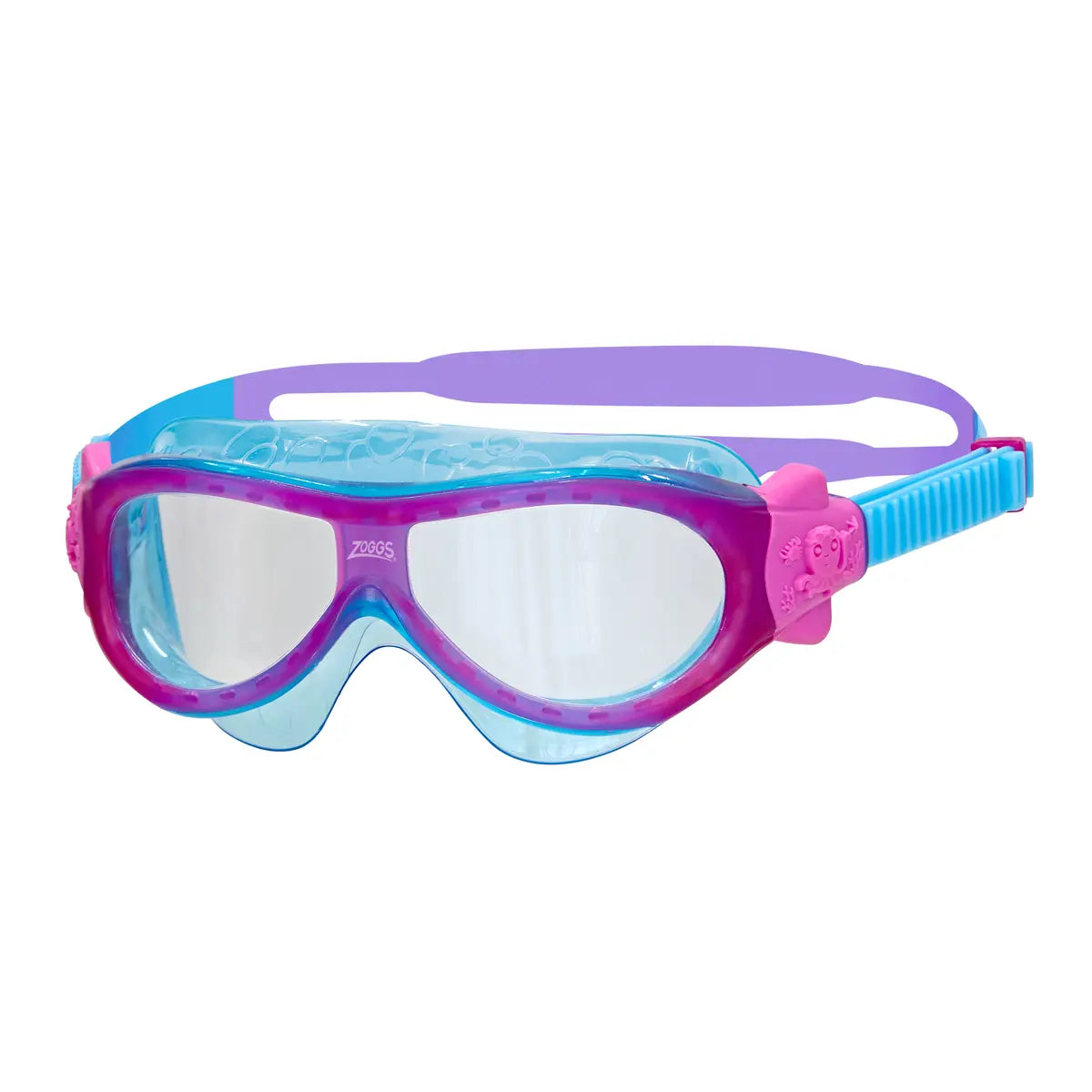 Pink and blue swim goggles on a white background
