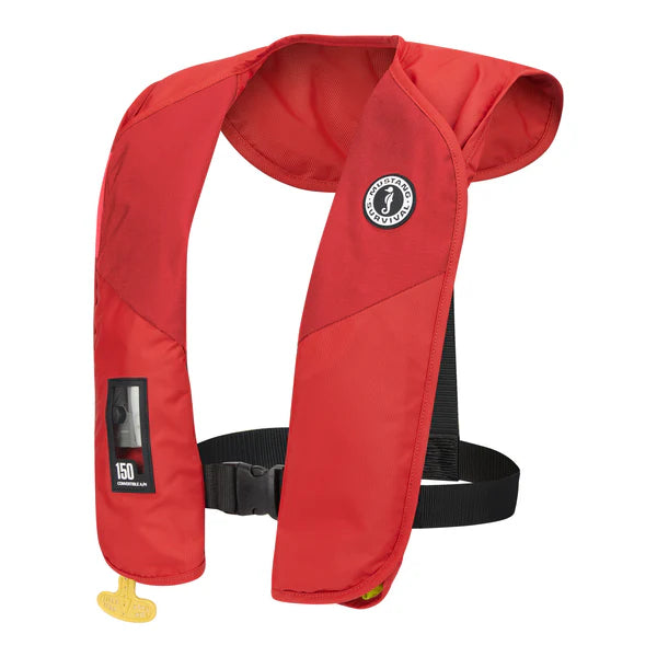Red life jacket with a visible brand logo on a white background