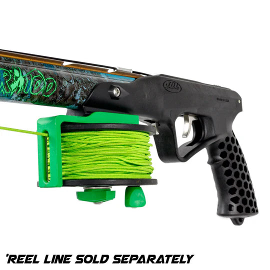 Close-up of a green and black archery bow with reel line on a white background