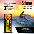 Product packaging for Solarez Polyurethane Surfboard Repair with a person surfing in the background.