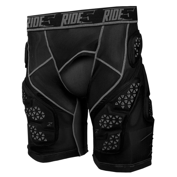Black protective shorts with padding and 'RIDE' branding on a white background