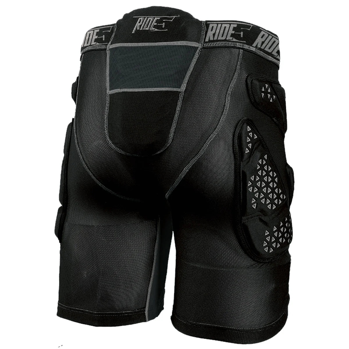 Black protective shorts with padding on a white background