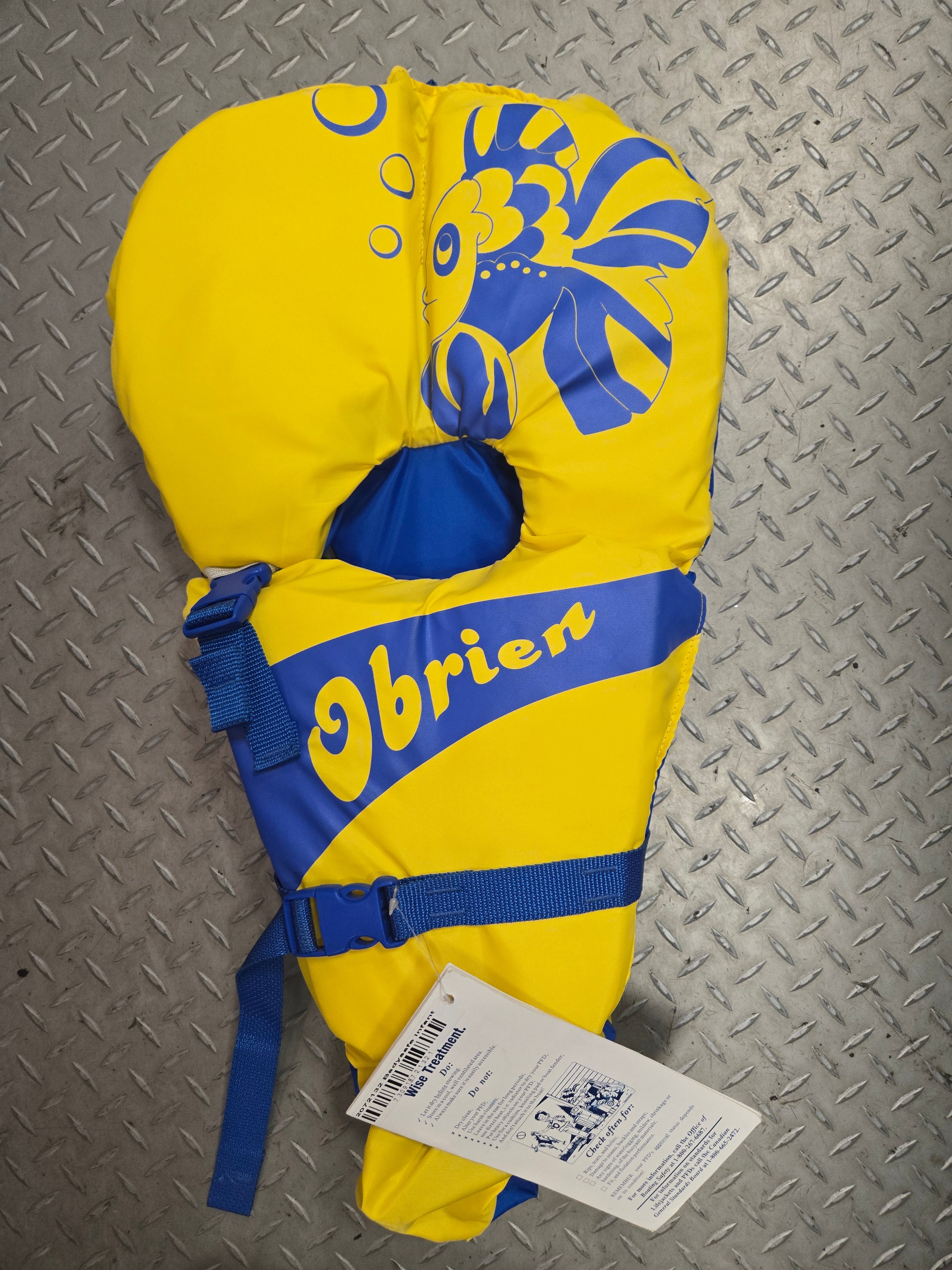 Yellow and blue life jacket with 'O'Brien' branding on a metallic surface