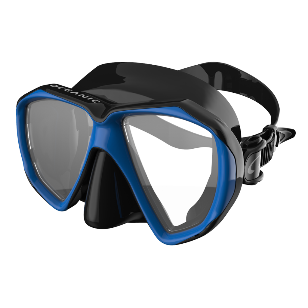 Black and blue diving mask on a white background