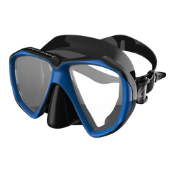 Black and blue diving mask on a white background