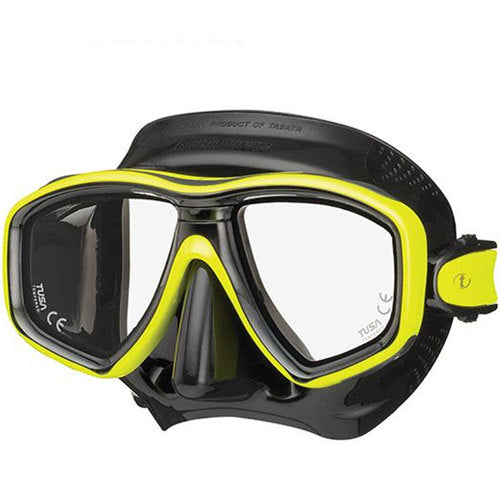 Black and yellow diving mask on a white background
