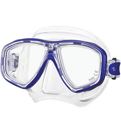 Clear diving mask with blue frame on a white background