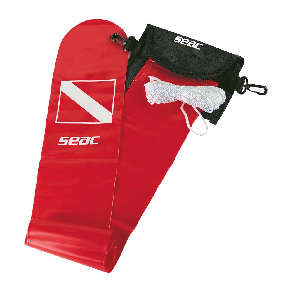 Red diving leg bag with white dive flag and black wrist strap on a white background