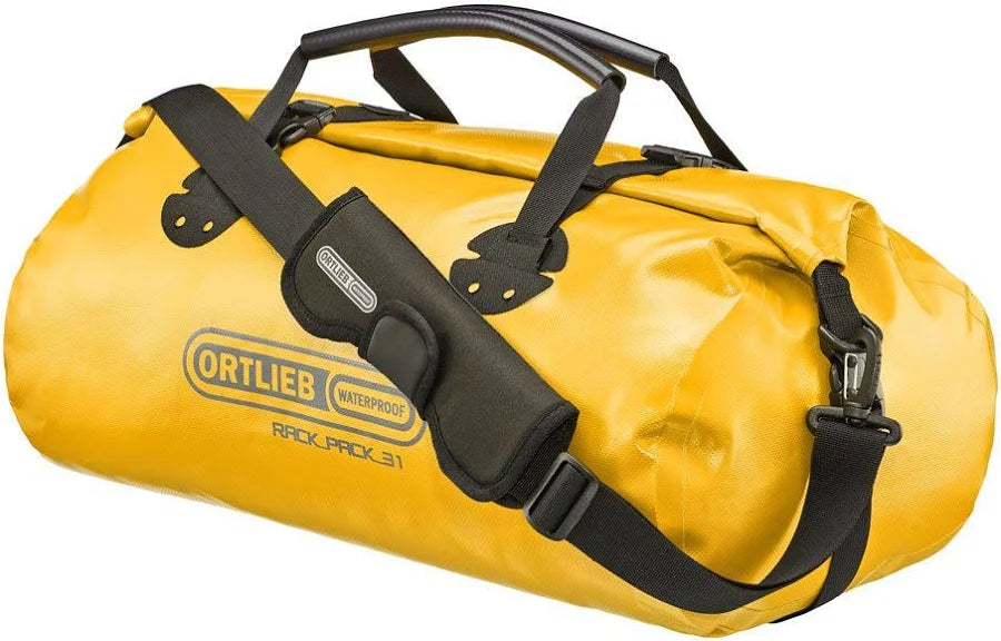 Yellow duffel bag with black straps and Ortlieb logo on a white background