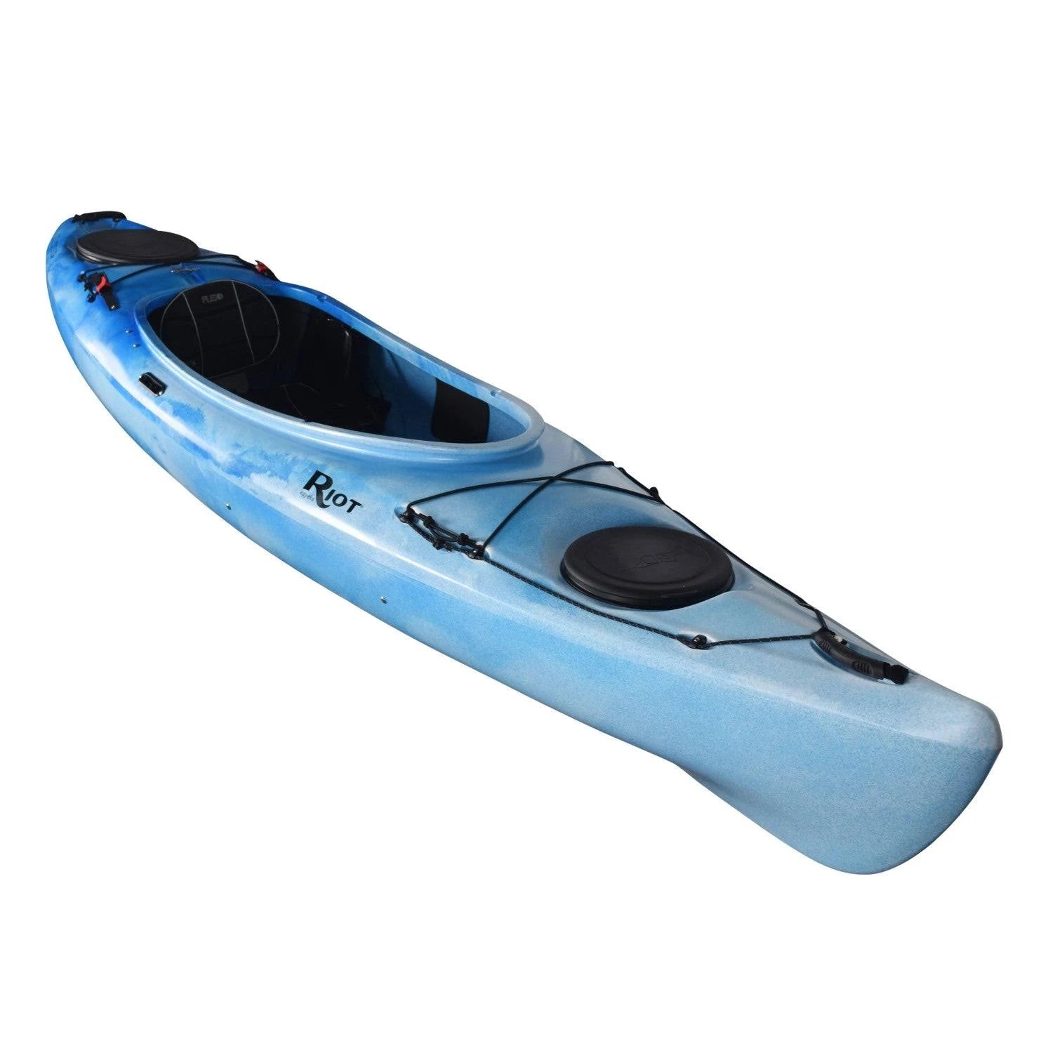 Blue kayak with black seats on a white background