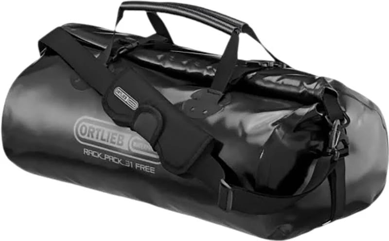 Black duffel bag with Ortlieb logo on a white background