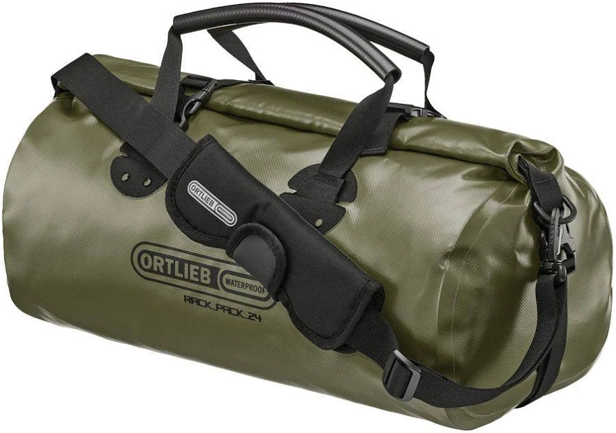 Green duffel bag with black straps and Ortlieb logo on a white background