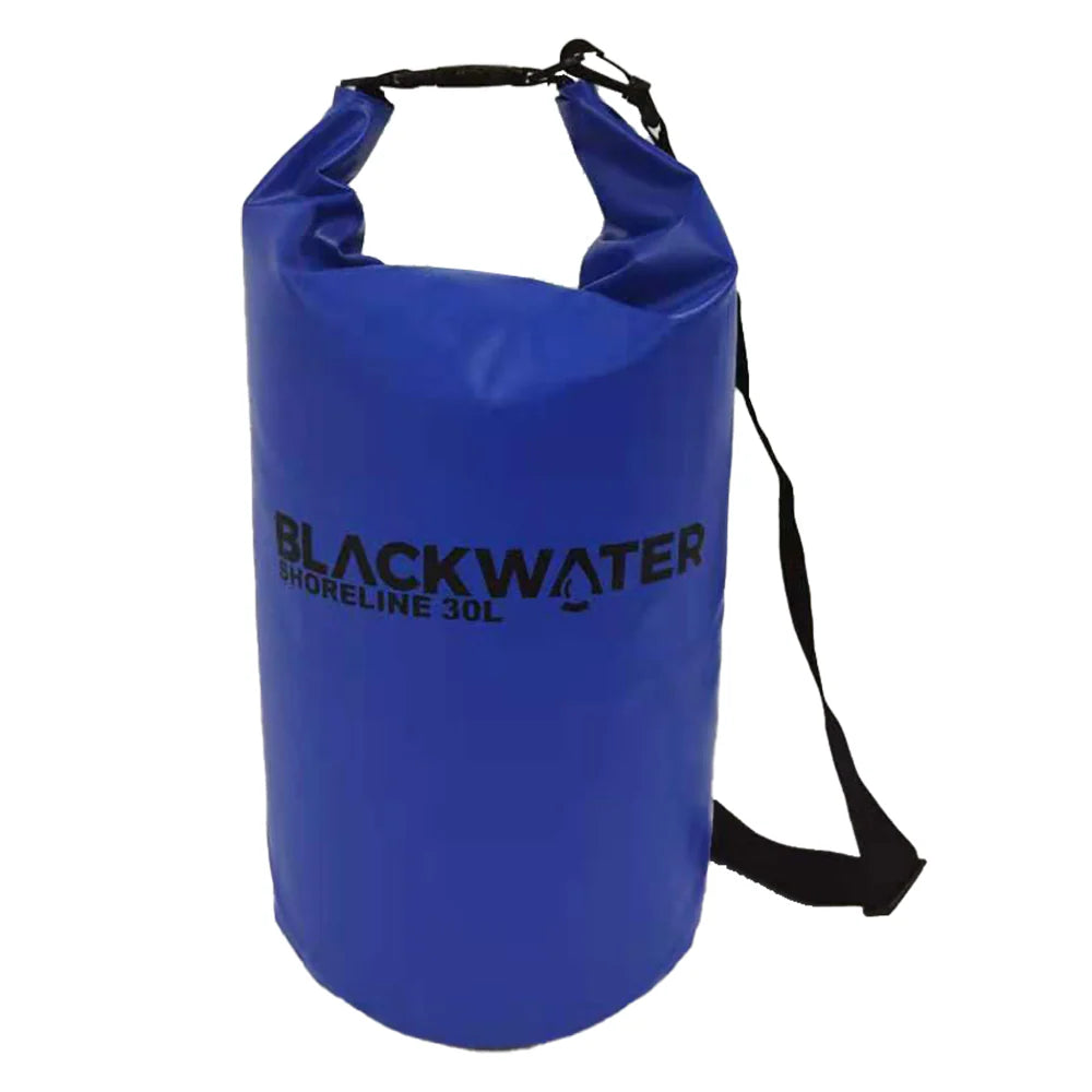 Blue dry bag with 'Blackwater' branding on a white background