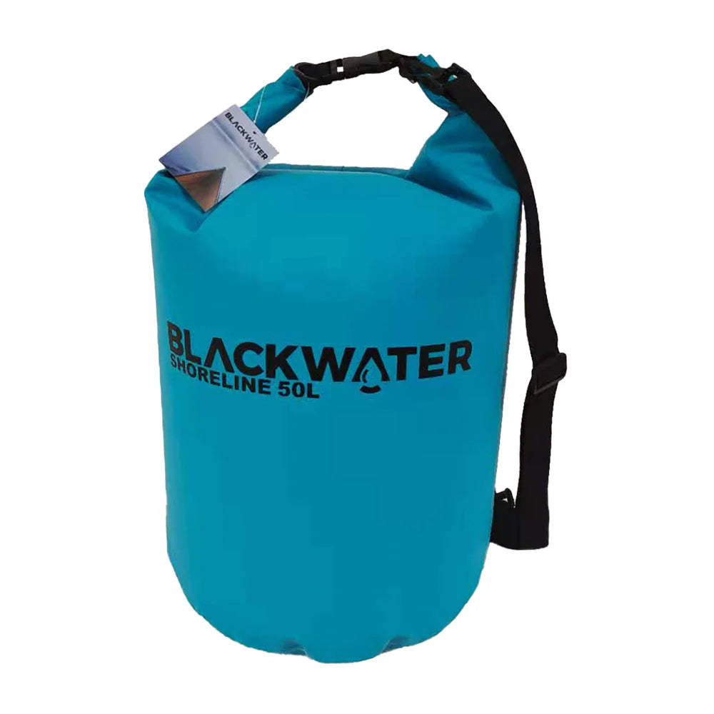 Blue dry bag with 'Blackwater' branding on a white background