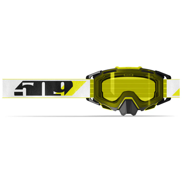 Yellow goggles with a white strap featuring a brand logo on a white background