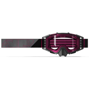 Black goggles with pink lenses on a white background