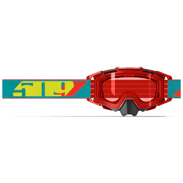 Red goggles with a blue and yellow headband on a white background