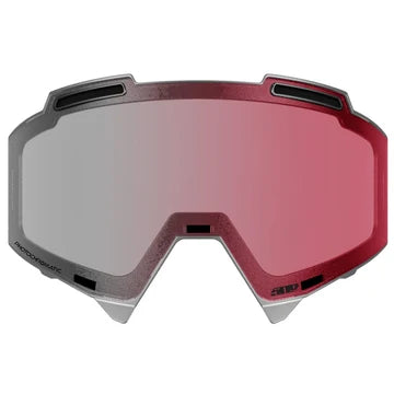 Red and gray goggles with a reflective lens on a white background