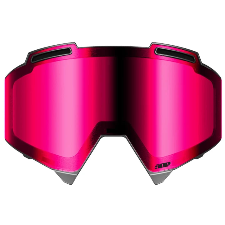 Red goggles with a reflective lens on a white background