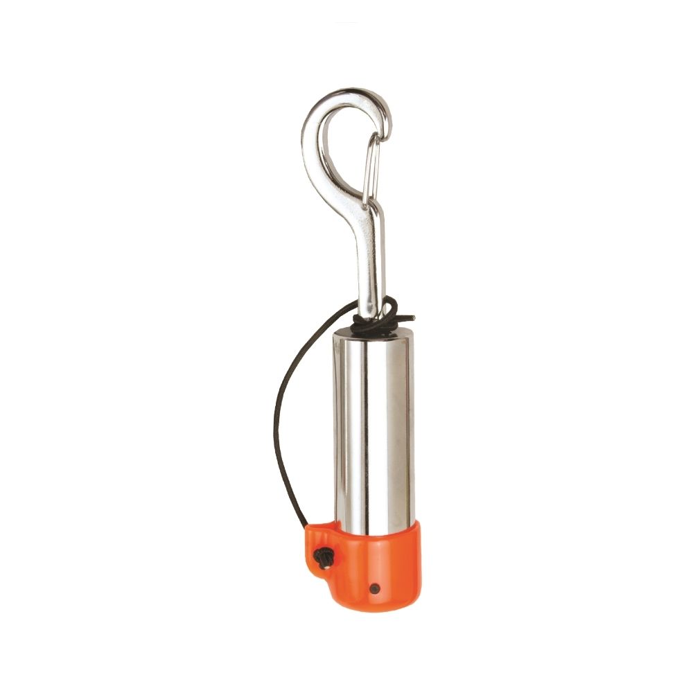 A stainless steel fishing weight with a silver hook, black cord, and bright orange bottom cap, shown against a plain white background.