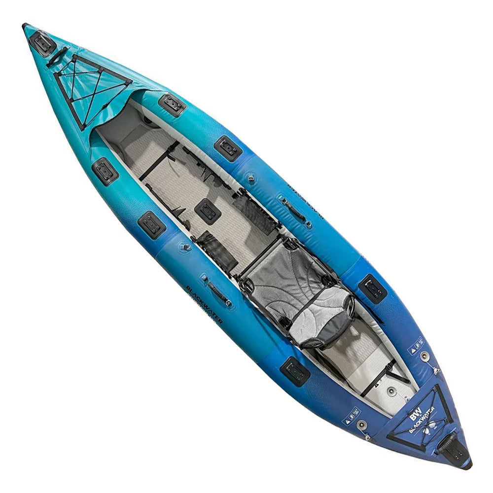 Blue kayak with transparent sections on a white background