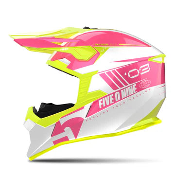 Motorcycle helmet with pink and yellow design on a white background