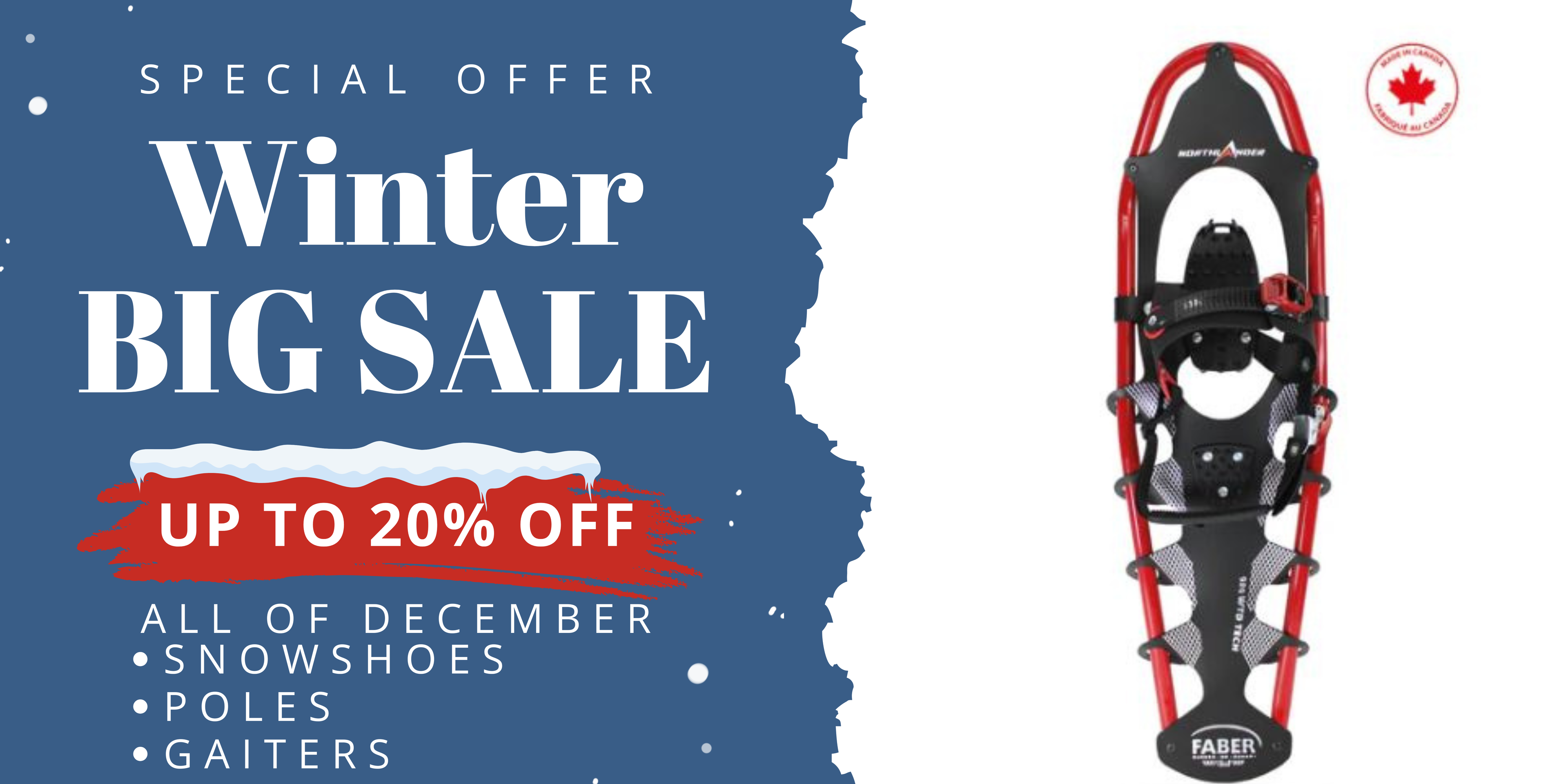 Promotional poster for a winter sale with snowshoes and special offer text.