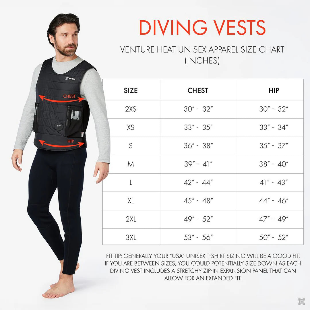 Person wearing a diving vest with a size chart for diving vests on a white background