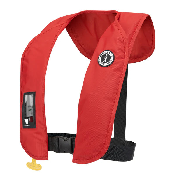 Red life jacket with a visible brand logo on a white background