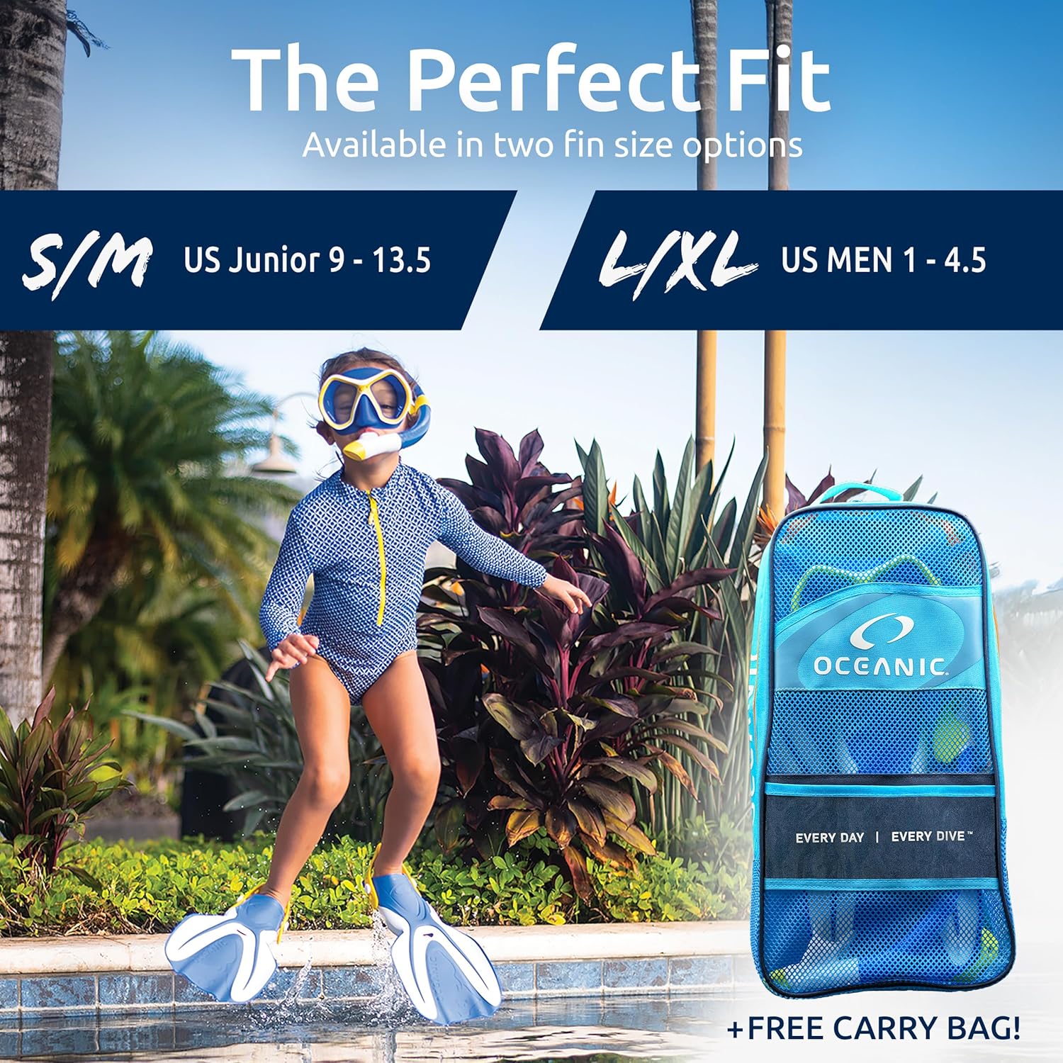 Person in scuba gear with Oceaneering fins and a bag, set against a tropical background.